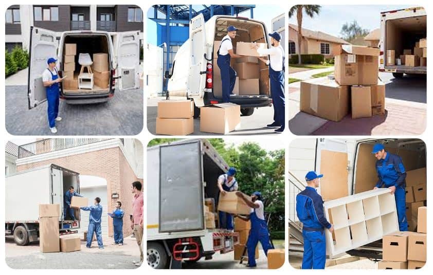 Moving team handling furniture and boxes
